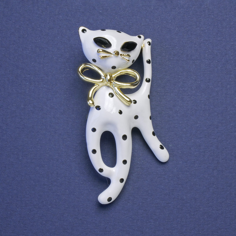 Brooch Cat white and black enamel with black crystals, metal color gold 55x25mm+