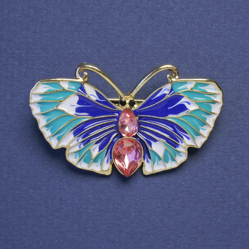 Brooch Butterfly blue light blue white enamel pink rhinestones metal color gold 24x40mm+