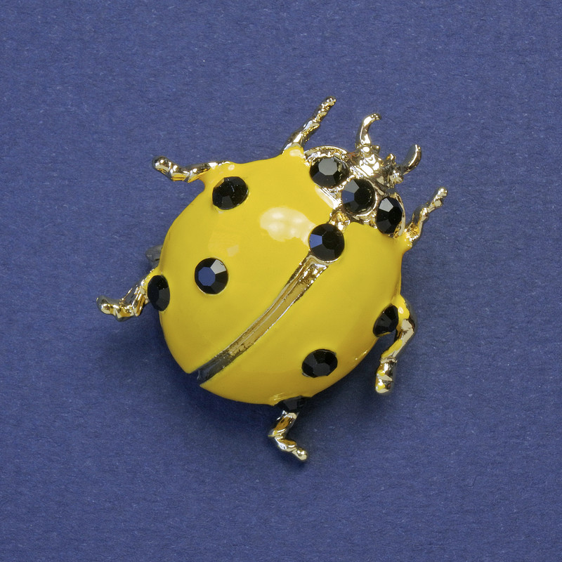 Brooch Ladybug Yellow Enamel with Black Rhinestones Metal Tone 29x27mm+