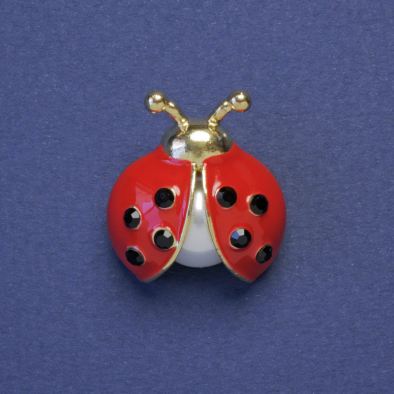 Brooch Ladybug red enamel with black rhinestones and pearl metal color gold 23x21mm+