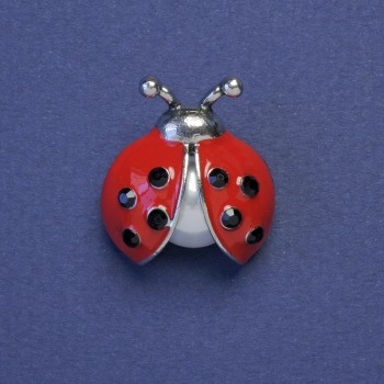Brooch 'Ladybug' red enamel with black rhinestones and pearl, metal color silver 23x21mm