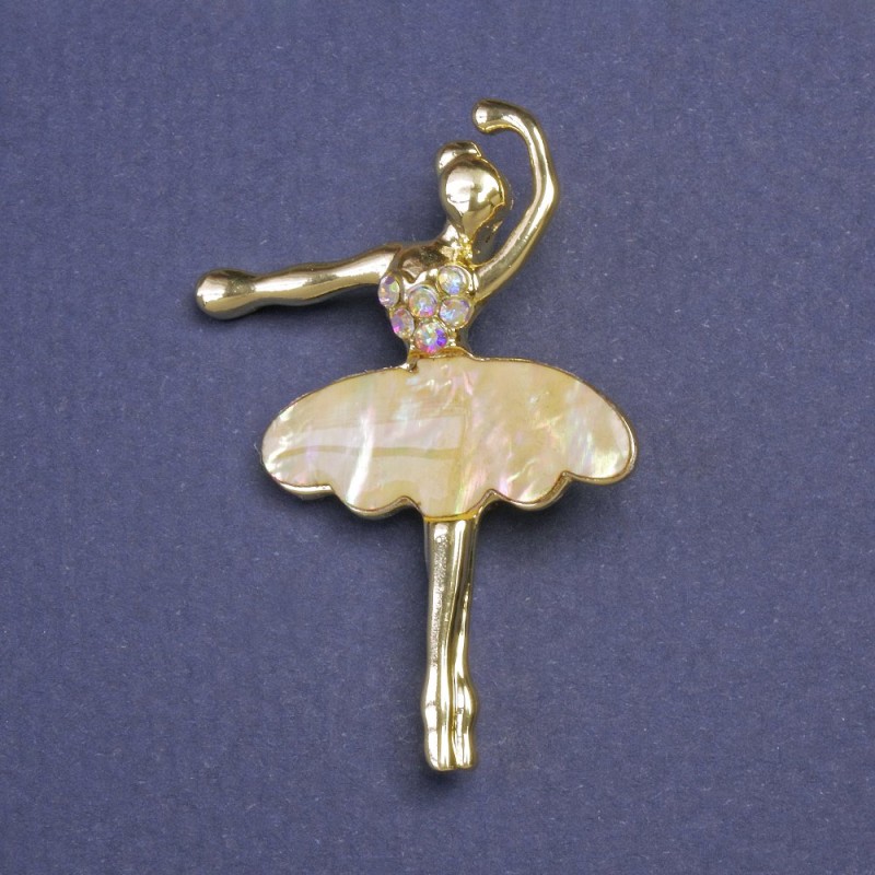 Brooch-Pendant Ballet Dancer Chalcedony Crystals Gold-Tone Metal 30x43mm+
