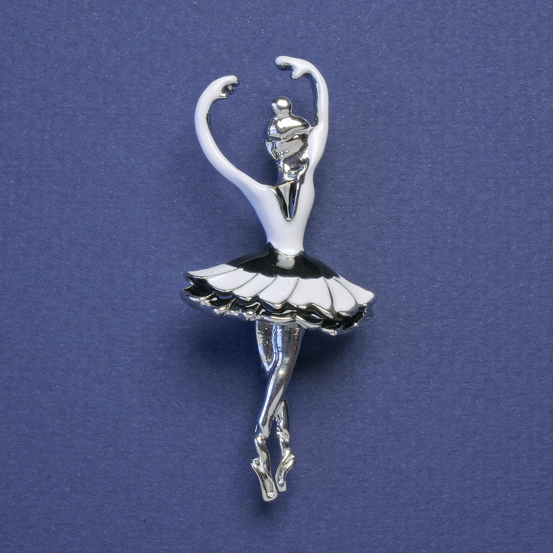 Brooch-Pendant Ballerina black and white enamel silver tone metal 24x58mm+
