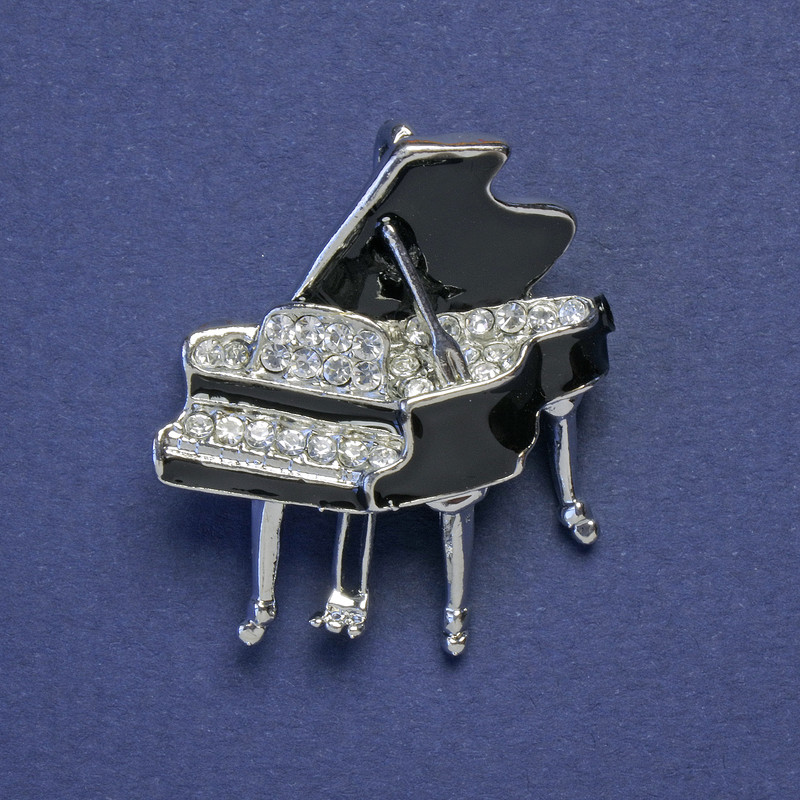 Brooch Pendant Royal Black Enamel with White Crystals Silver Tone Metal 28x31mm+