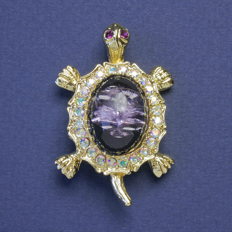 Brooch-pendant Turtle lilac back with rhinestones petrol golden metal color 41x27mm+