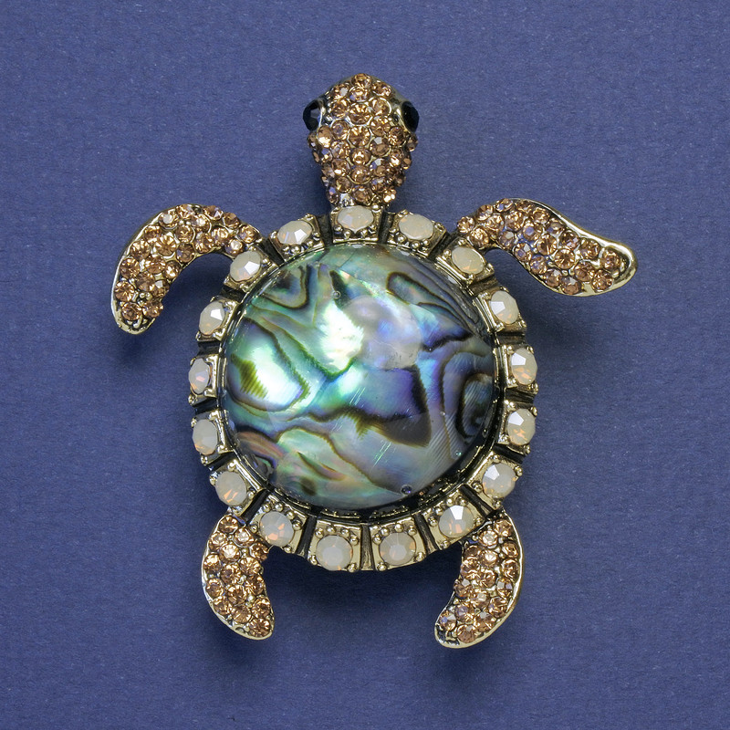 Brooch-Pendant Turtle Chalcedony with golden color crystals and metal in gold tone 51x46mm+