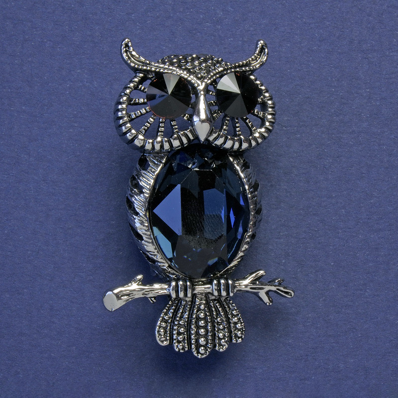 Owl Brooch with Black and Blue Crystals in Silver Metal Color 43x26mm+
