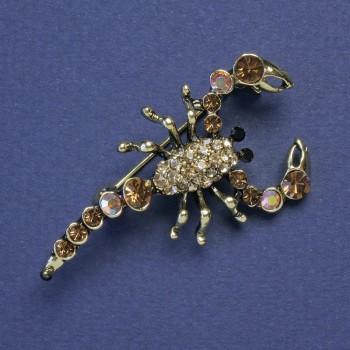 Brooch Scorpio with gold rhinestones and golden metal tone 47x25mm +
