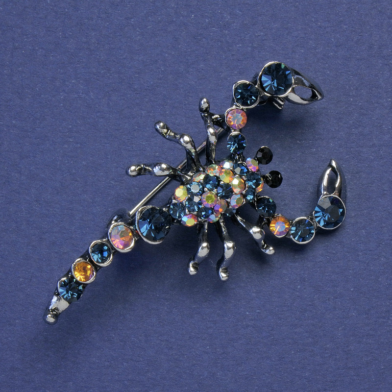 Brooch Scorpion with blue and petrol rhinestones, silver-tone metal 47x25mm +