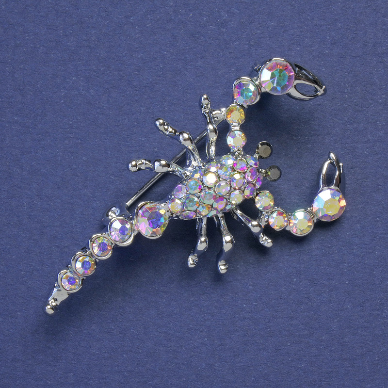 Scorpion Brooch with Rhinestones, Silver Color Metal, 47x25 mm +