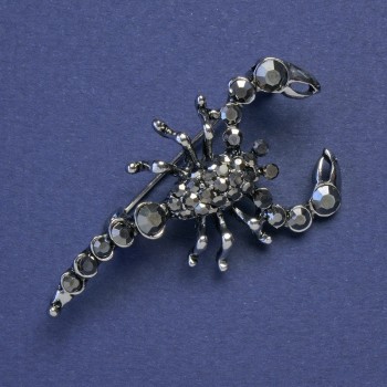 Brooch Scorpio with black rhinestones, silver metal tone 47×25mm +