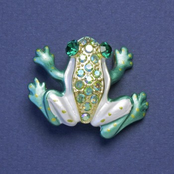 Brooch Pendant Frog Green-White Enamel with Crystals, Gasoline Gold Tone Metal 35x28mm +