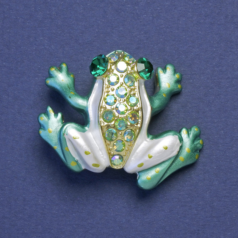 Brooch Pendant Frog Green-White Enamel with Crystals, Gasoline Gold Tone Metal 35x28mm +