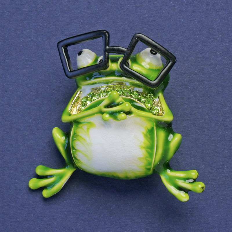 Brooch Pendant Frog in Glasses Green White Enamel with Gray Crystals Gold Tone Metal 38x35mm +