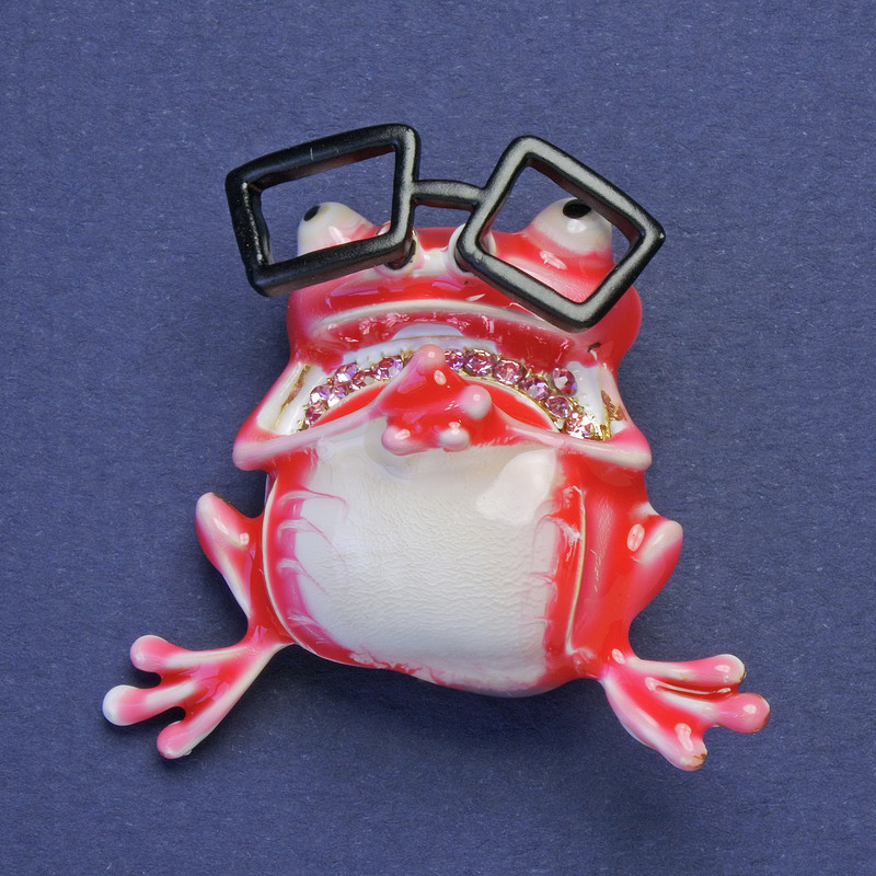 Brooch pendant Frog in glasses red and white enamel with pink crystals gold-tone metal 38x35mm +