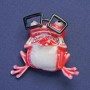 Brooch pendant Frog in glasses red and white enamel with pink crystals gold-tone metal 38x35mm +