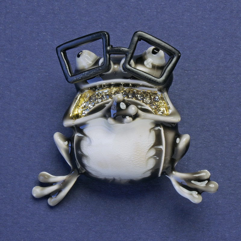 Brooch-Pendant Frog in Glasses Black and White Enamel Grey Crystals Gold-Tone Metal 38x35mm +