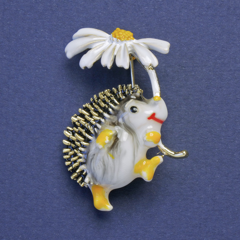 Brooch Hedgehog with White Flower, White Enamel, Gold-Toned Metal, 28x32 mm +