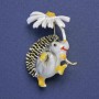 Brooch Hedgehog with White Flower, White Enamel, Gold-Toned Metal, 28x32 mm +