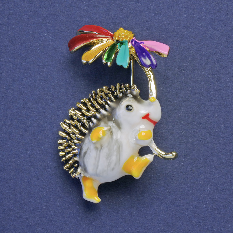 Brooch Hedgehog with Colorful Flower White Enamel Gold-tone Metal 28x32mm +