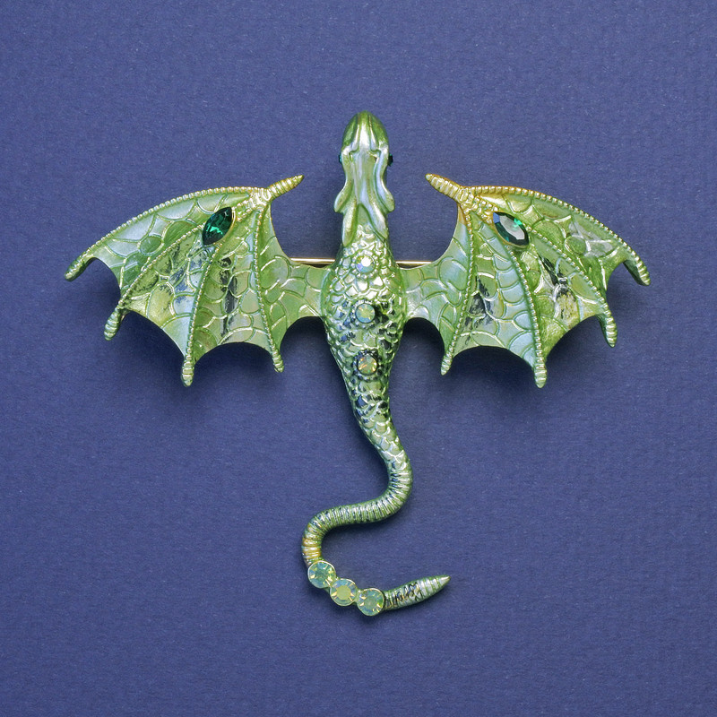 Brooch pendant Dragon with green enamel and crystals gold-tone metal 63x72mm +