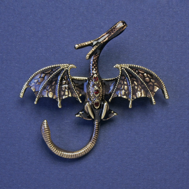 Brooch Pendant Dragon Bronze Enamel Red Crystals Gold Tone Metal 48x45mm+
