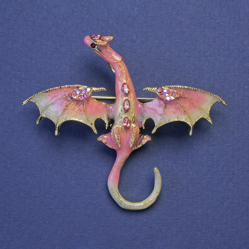 Brooch pendant Dragon pink-beige enamel pink rhinestones gold-tone metal 50x57mm +