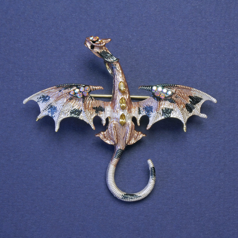 Brooch-Pendant Dragon with enamel and yellow crystals, gold-toned metal, 50×57 mm
