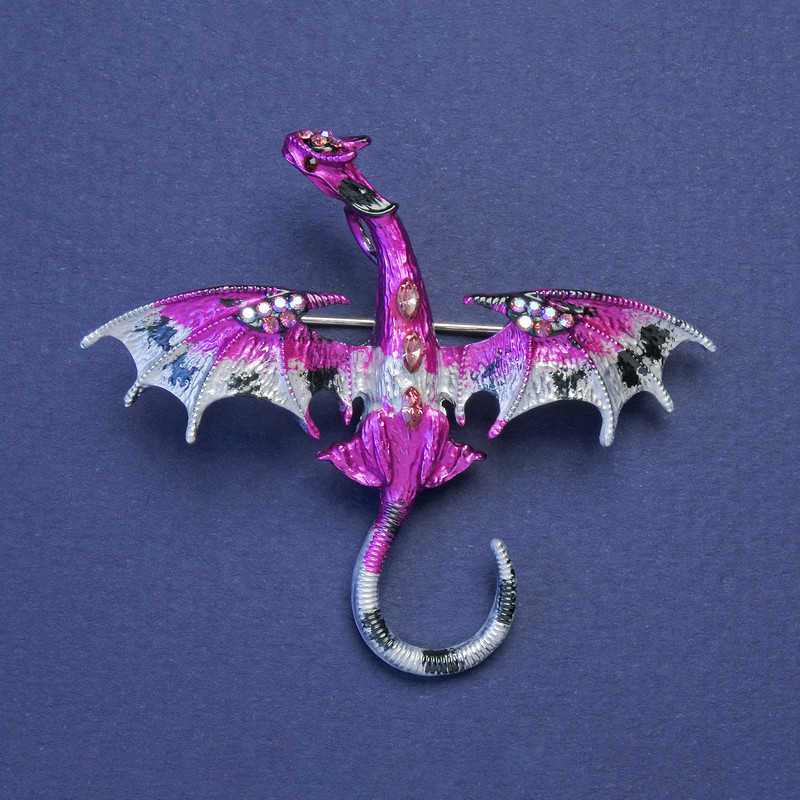 Brooch-pendant 'Dragon' raspberry-gray enamel with rhinestones petrol silver-colored metal 50x57mm +