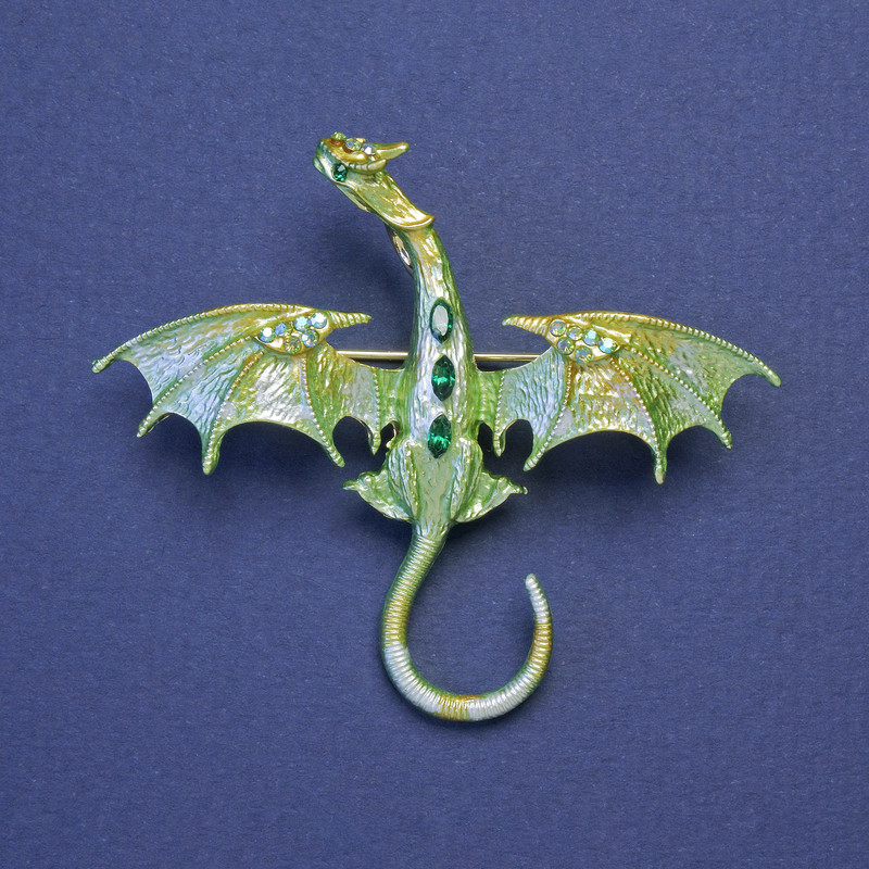 Brooch-pendant Dragon yellow-green enamel with green rhinestones, gold-tone metal, 50x57mm +