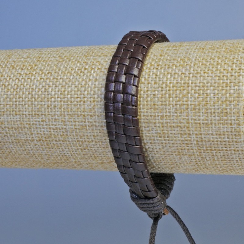 Men's brown eco-leather bracelet with pull tab, 18-24 cm circumference