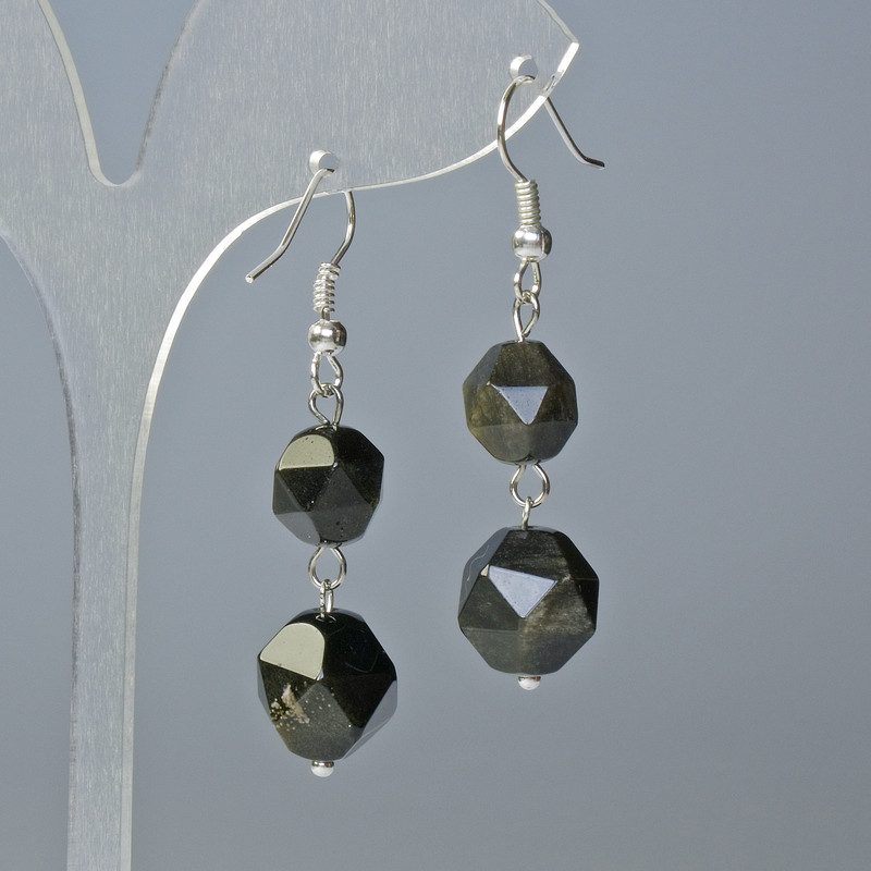 Earrings Sunstone Obsidian Natural Stone Multifaceted, diameter 10x9 and 12x11 mm ±, length 4 cm ± with ear wires