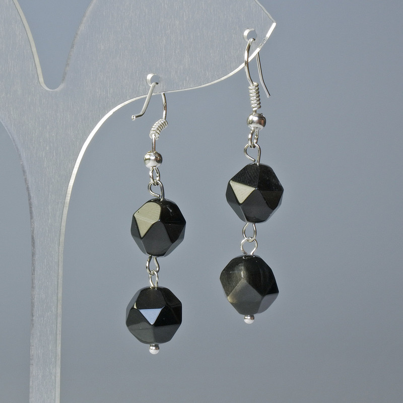 Earrings Silver Obsidian Natural Stone Faceted, 10x9 and 12x11 mm ±, length 4 cm ± with ear hooks