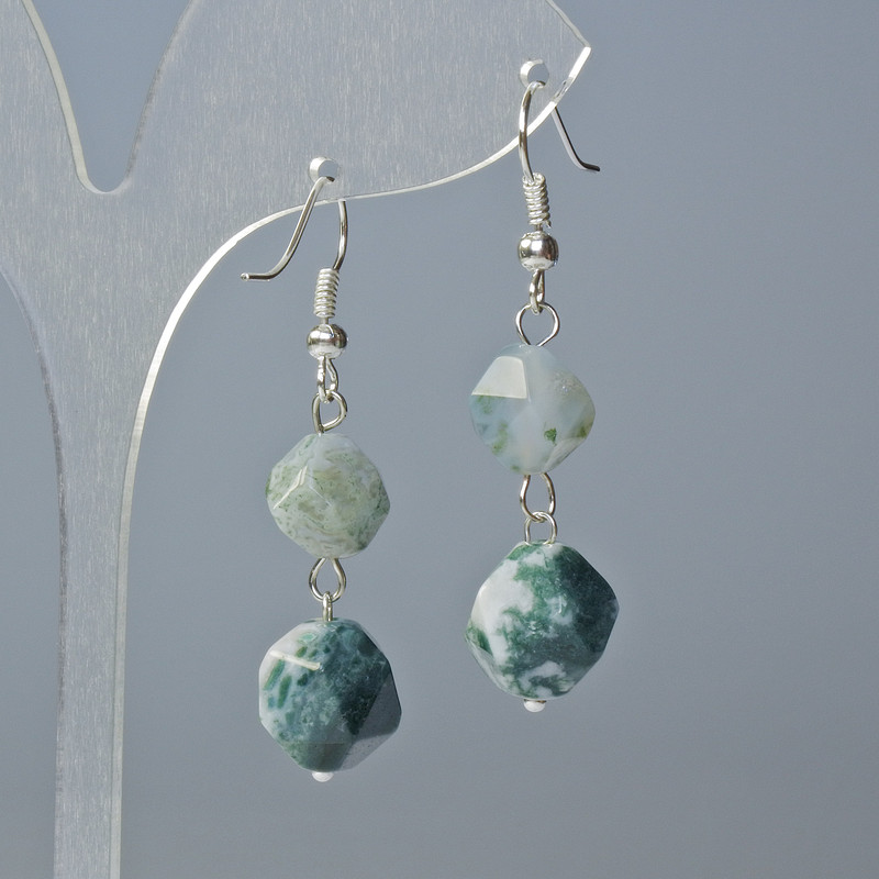 Earrings Moss Agate Natural Stone Multicrystal, diameter 10x9 and 12x11 mm ±, length about 4 cm ± with hooks