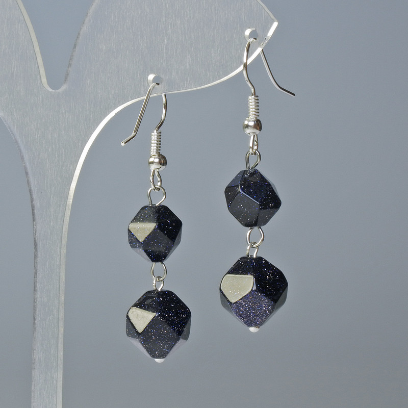 Earrings Aventurine Blue Sand Cairo Night multifaceted, 10×9 and 12×11 mm diameters, approx. 4 cm long with hooks