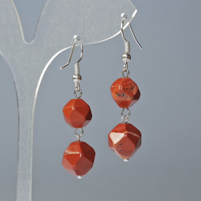 Earrings Red Jasper Natural Stone Faceted, 10×9 and 12×11 mm, ±, length 4 cm ± with earring hooks