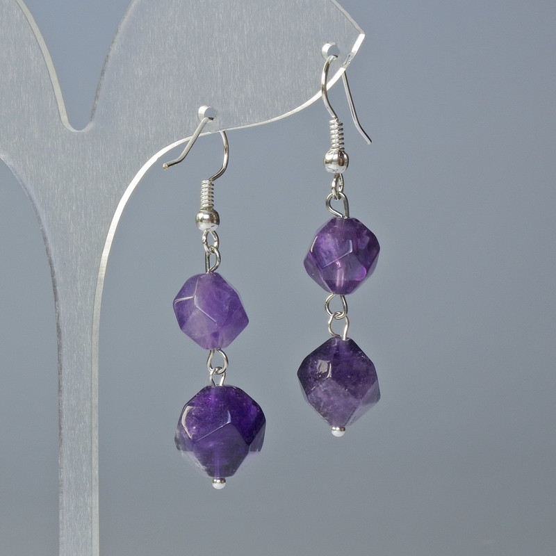Amethyst Natural Stone Faceted Earrings, 9x8 mm diameter, 4 cm long, with hooks