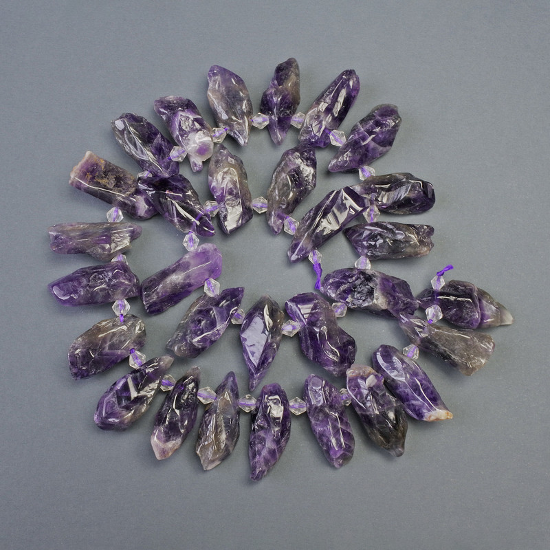 Amethyst Beads Natural Stone Nuggets with Seed Beads Assorted Sizes, 8x12x26 mm+, length 40 cm+- on Thread