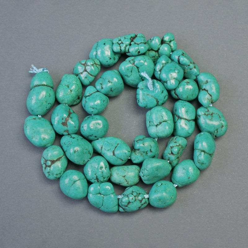 Turquoise-Color Faceted Hematite Beads, Tuned Natural Stone, Turquoise Look, Nuggets, Drill Hole 9x10 mm, Length 39 cm on Thread