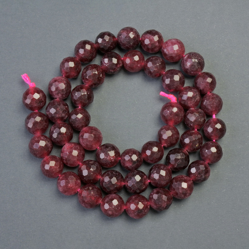 Rubellite Beads on Thread natural stone faceted round 8mm diameter, thread length 38cm
