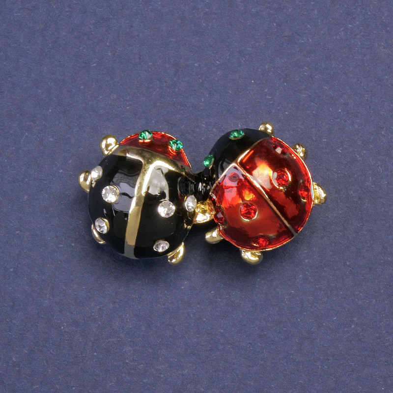 Brooch Ladybug with red and black enamel, gold-tone metal 15x28mm