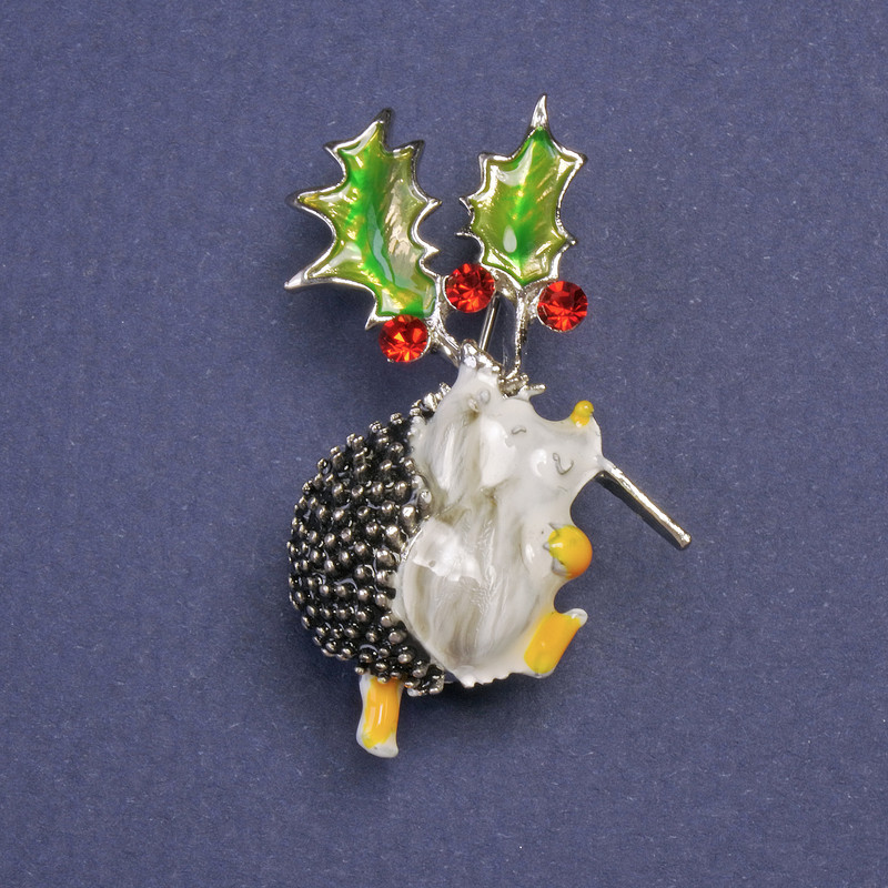 Brooch Hedgehog with Christmas Flower Holly Green White Enamel Metal Color Silver 39x23mm+