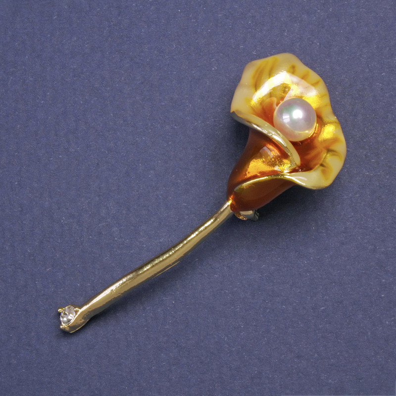 Flower Brooch Pendant Kalya Flower Yellow Enamel Gold-tone 52x23mm+