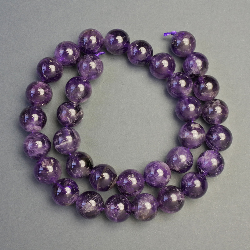 Amethyst Beads on Thread Natural Stone Smooth Round 12mm ± Diameter, Length 39cm ±
