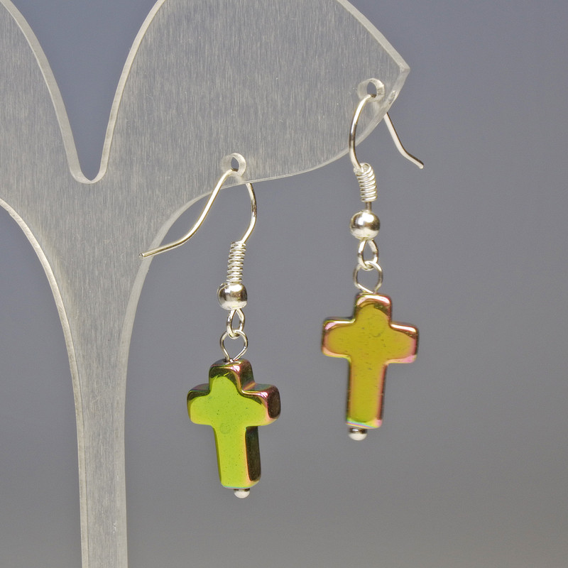 Hematite Earrings in Rainbow Crosses, diameter 10x14mm±, length 3.4 cm