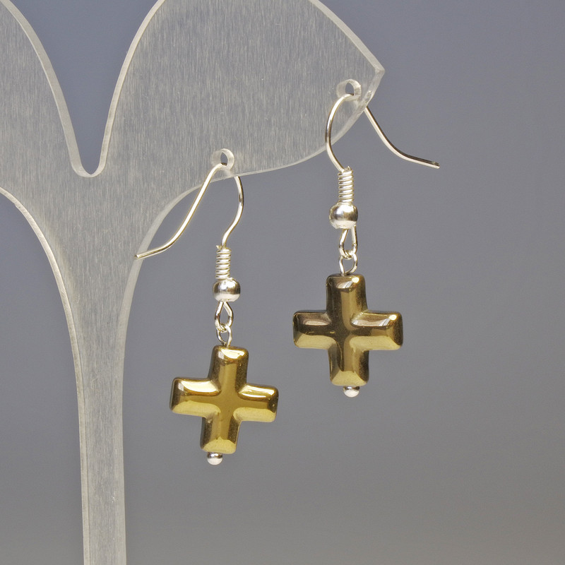 Hematite Crosses Bronze Earrings, diameter 13x13 mm±, length 3.2 cm