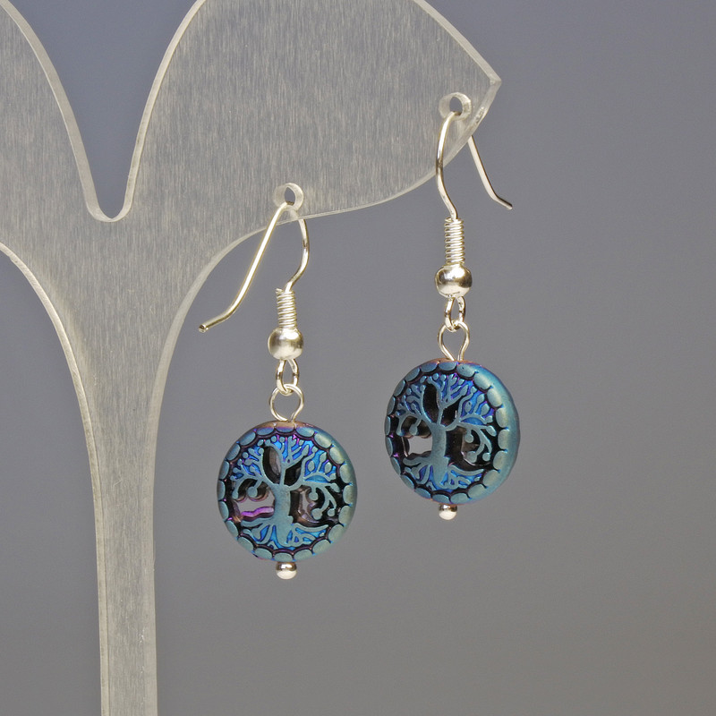 Hematite Earrings, Tree motif, blue variants, diameter 12×4 mm, length 3.2 cm