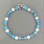 Bracelet Aquamarine and Howlite with Heart Inlay, 6mm+ diameter, 18cm adjustable