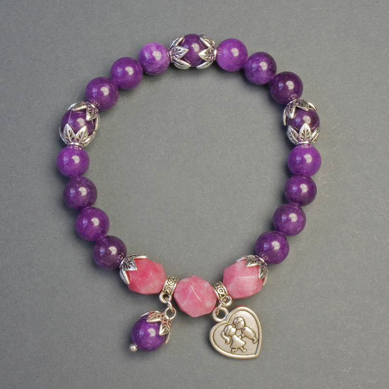 Sugilite and Tourmaline Bracelet with Heart Charm, 8-9mm+-, 18cm+ stirch