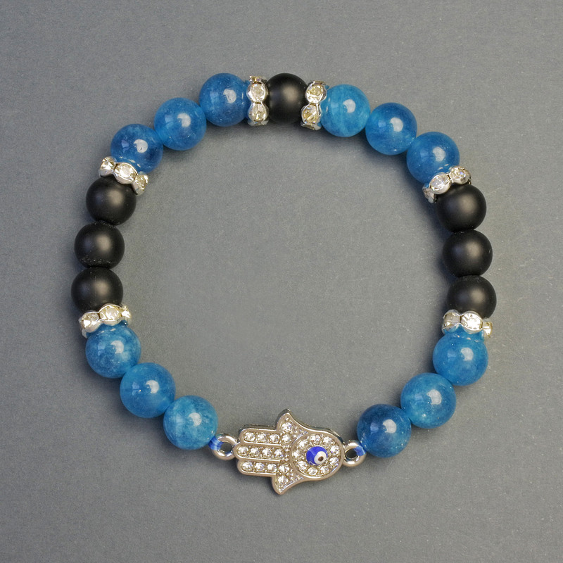 Bracelet Apatite and Shungite (synthetic) with Handprint insert, 8mm diameter ±, length 7.1in ± stretch